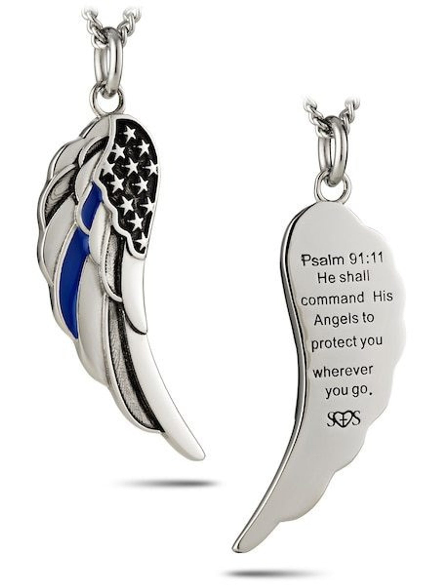 Thin Blue Line Angel Wing Flag Necklace - Stainless Steel