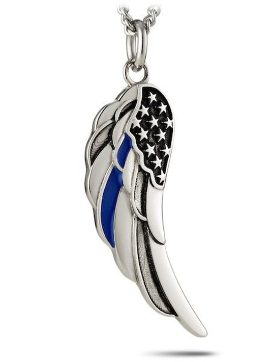 Thin Blue Line Angel Wing Flag Necklace - Stainless Steel
