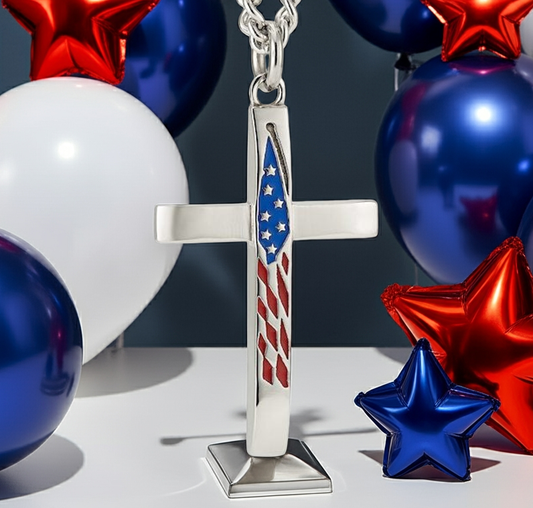 Alala "It Is Finished" American Flag Tapered Cross Necklace