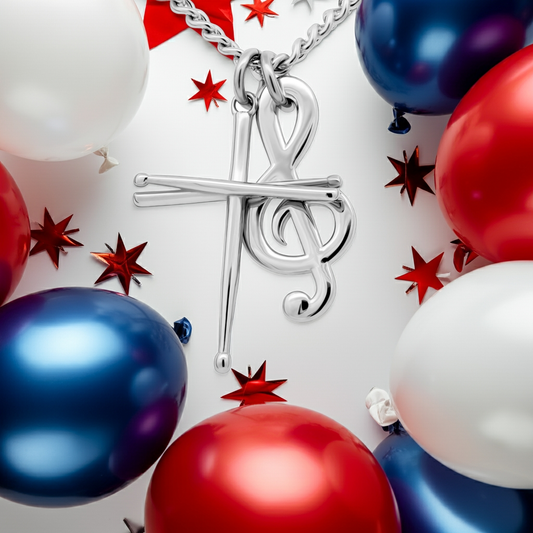 Alala "Make Music" Drumsticks Cross & Treble Clef Combo Necklace