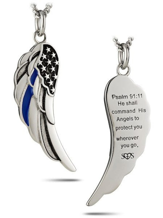 Thin Blue Line Angel Wing Flag Necklace - Stainless Steel